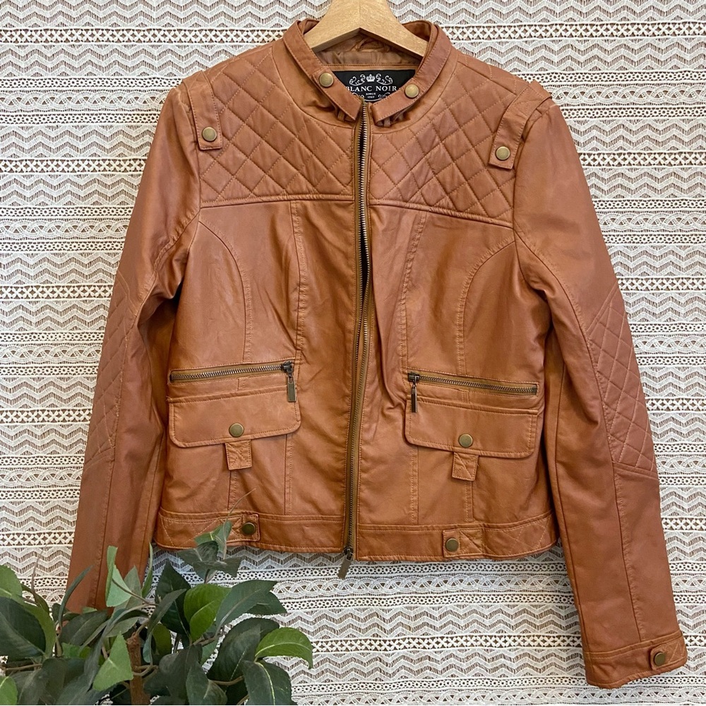 Cognac Quilted Moto Vegan Leather Jacket by BLANC NOIR - Picture 2 of 15